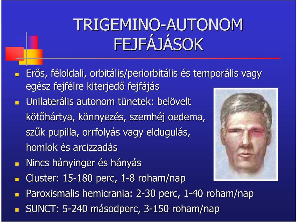 k pupilla, orrfolyás vagy eldugulás, homlok és arcizzadás Nincs hányingerh és hányás Cluster: : 15-180 180 perc,