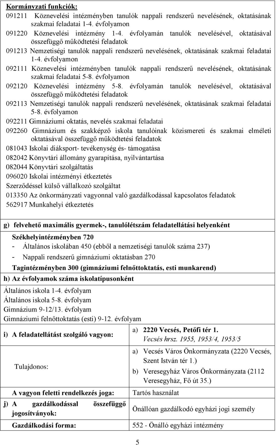 évfolyamon 092111 Köznevelési intézményben tanulók nappali rendszerű nevelésének, oktatásának szakmai feladatai 5-8. évfolyamon 092120 Köznevelési intézmény 5-8.
