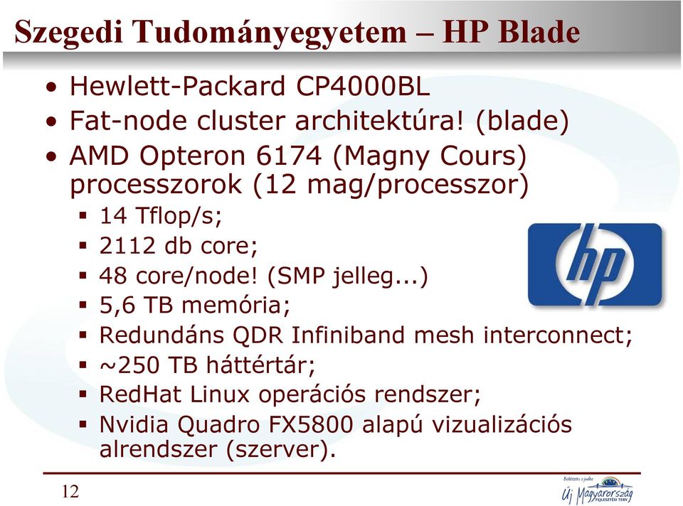 (blade) AMD Opteron 6174 (Magny Cours) processzorok (12 mag/processzor) 14 Tflop/s; 2112 db core; 48 core/node!
