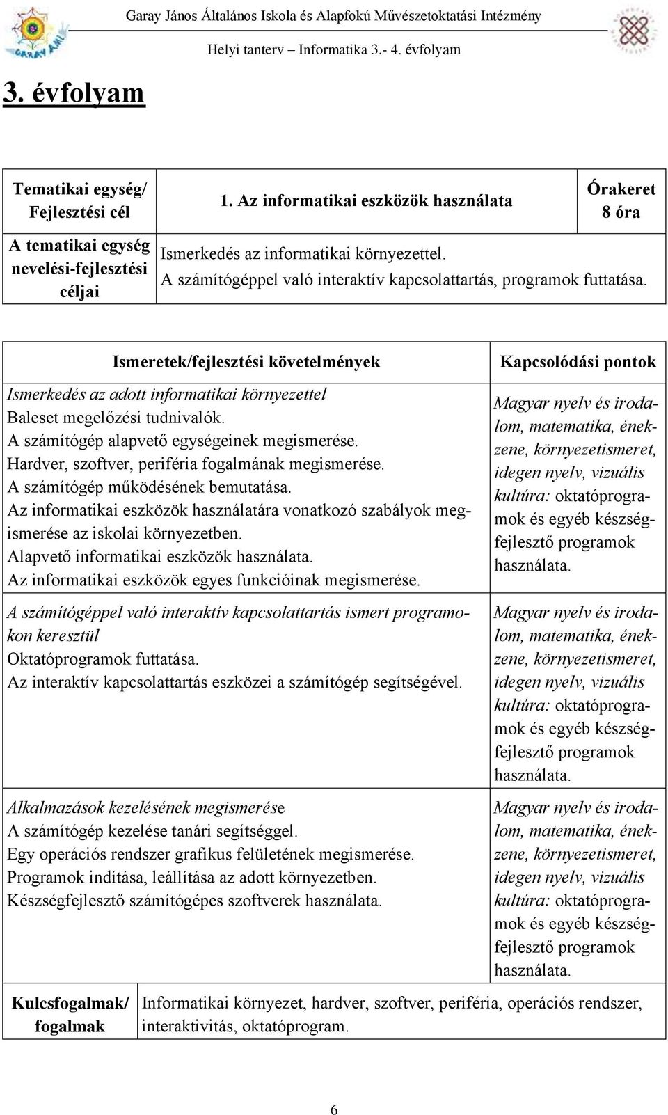 Hardver, szoftver, periféria fogalmának megismerése. A számítógép működésének bemutatása. Az informatikai eszközök használatára vonatkozó szabályok megismerése az iskolai környezetben.