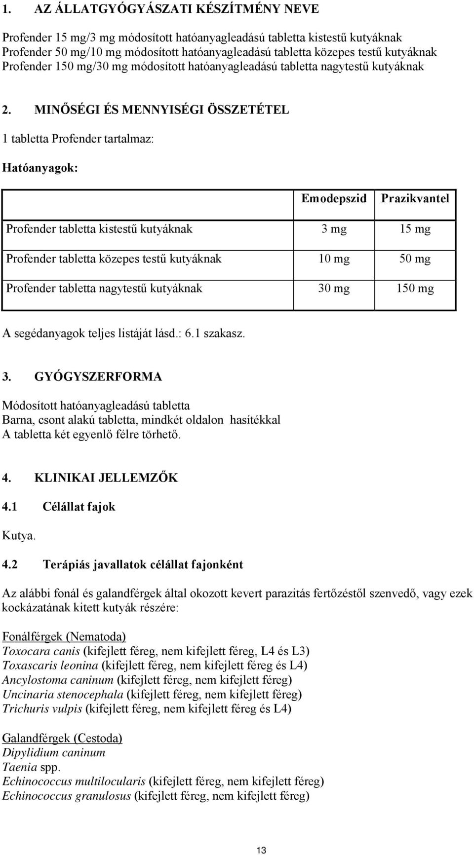 MINŐSÉGI ÉS MENNYISÉGI ÖSSZETÉTEL 1 tabletta Profender tartalmaz: Hatóanyagok: Emodepszid Prazikvantel Profender tabletta kistestű kutyáknak 3 mg 15 mg Profender tabletta közepes testű kutyáknak 10