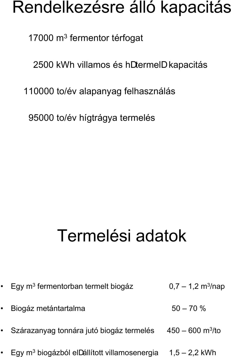 Egy m 3 fermentorban termelt biogáz 0,7 1,2 m 3 /nap Biogáz metántartalma 50 70 % Szárazanyag