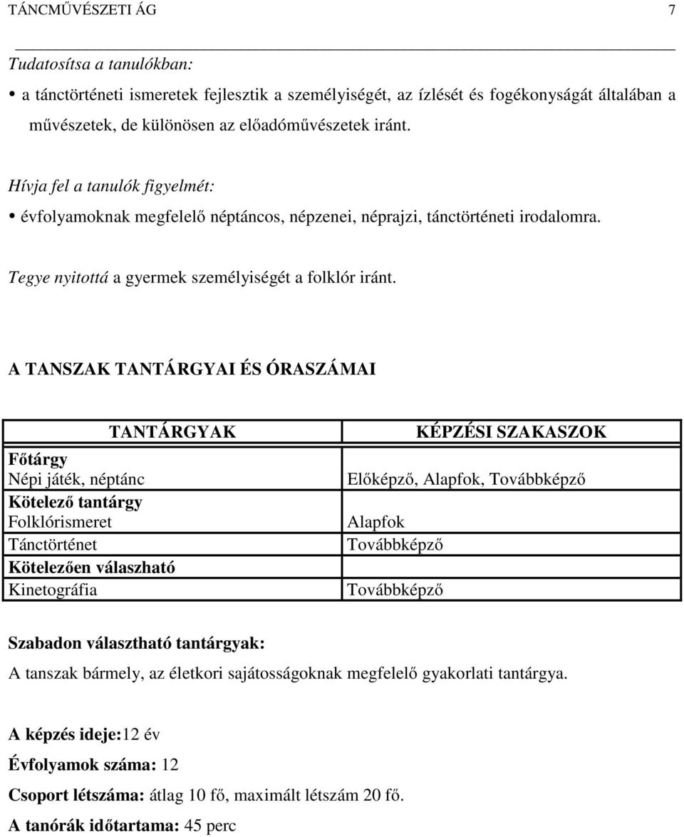 A TANSZAK TANTÁRGYAI ÉS ÓRASZÁMAI TANTÁRGYAK Főtárgy Népi játék, néptánc Kötelező tantárgy Folklórismeret Tánctörténet Kötelezően válaszható Kinetográfia KÉPZÉSI SZAKASZOK Előképző, Alapfok,