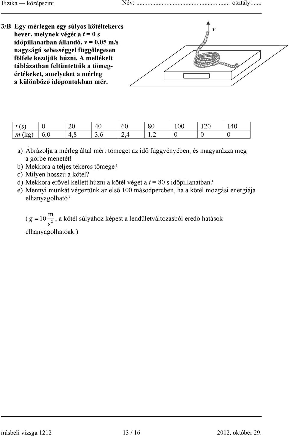 v t (s) 0 20 40 60 80 100 120 140 m (kg) 6,0 4,8 3,6 2,4 1,2 0 0 0 a) Ábrázolja a mérleg által mért tömeget az idő függvényében, és magyarázza meg a görbe menetét! b) Mekkora a teljes tekercs tömege?