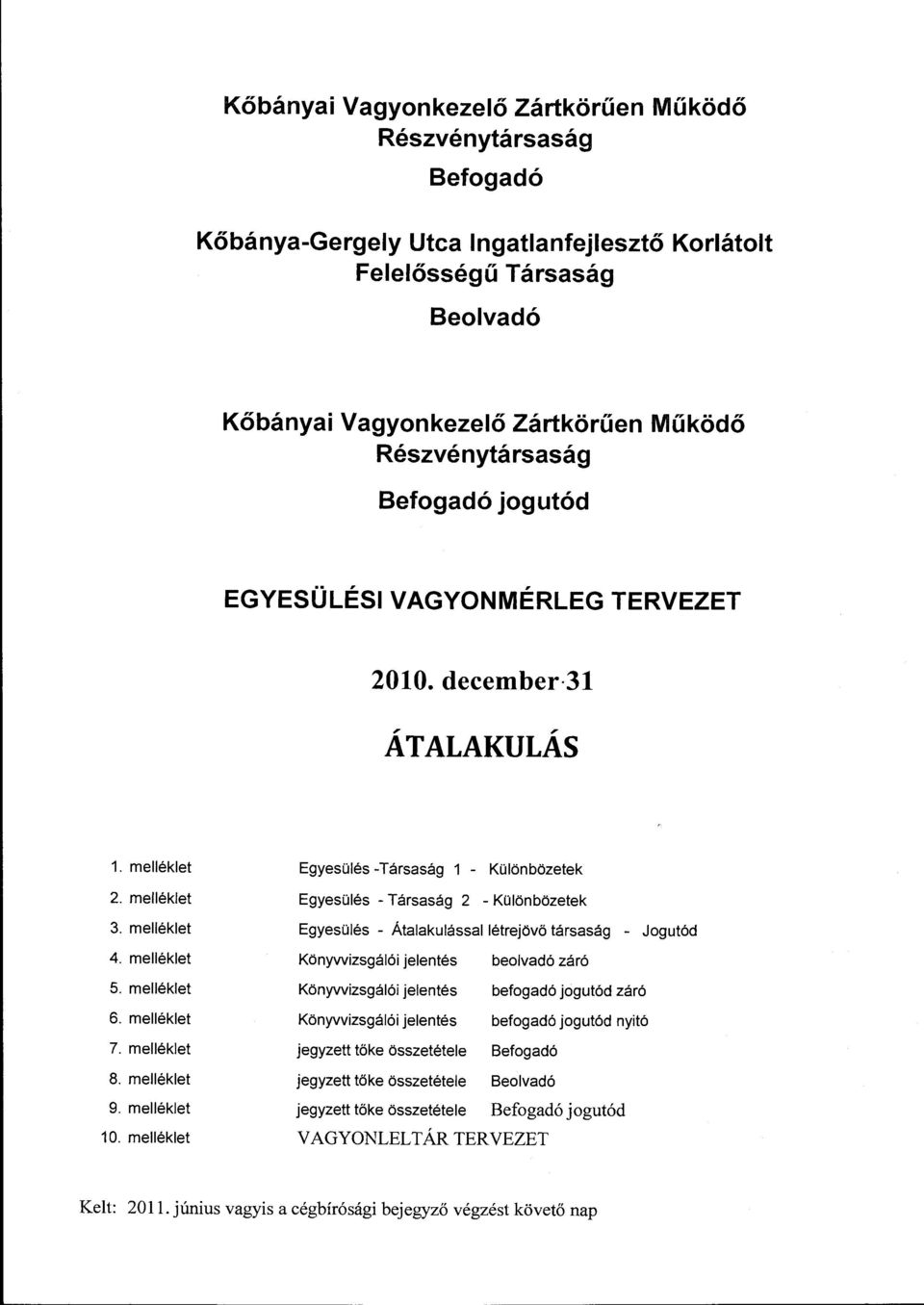 melléklet Egyesülés -Társaság 1 - Különbözetek Egyesülés -Társaság 2 - Különbözetek Egyesülés - Átalakulással létrejövő társaság - Jgutód Könywizsgálói jelentés belvadó záró Könyvvizsgálói jelentés
