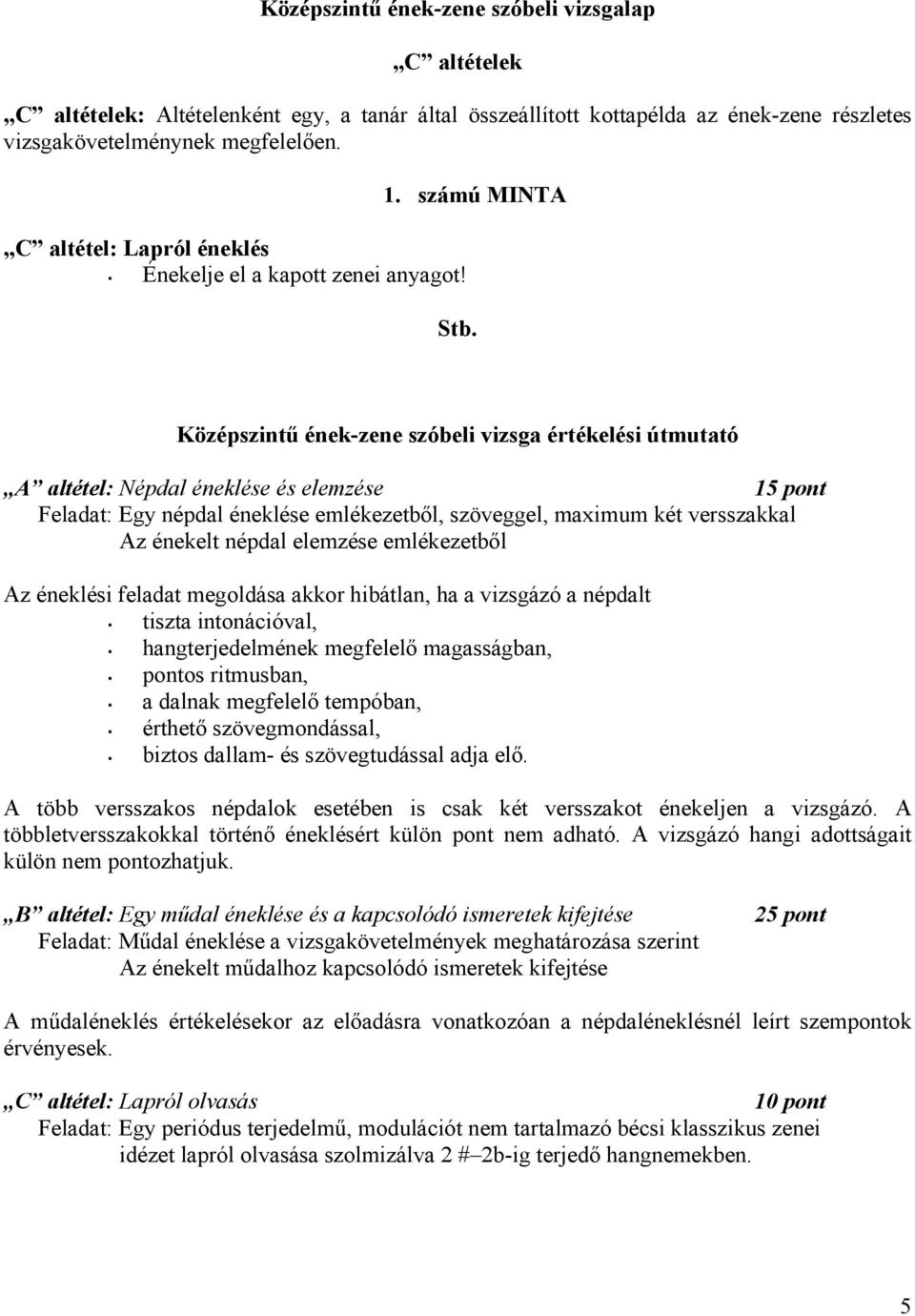 Középszintű ének-zene szóbeli vizsga értékelési útmutató A altétel: Népdal éneklése és elemzése 15 pont Feladat: Egy népdal éneklése emlékezetből, szöveggel, maximum két versszakkal Az énekelt népdal