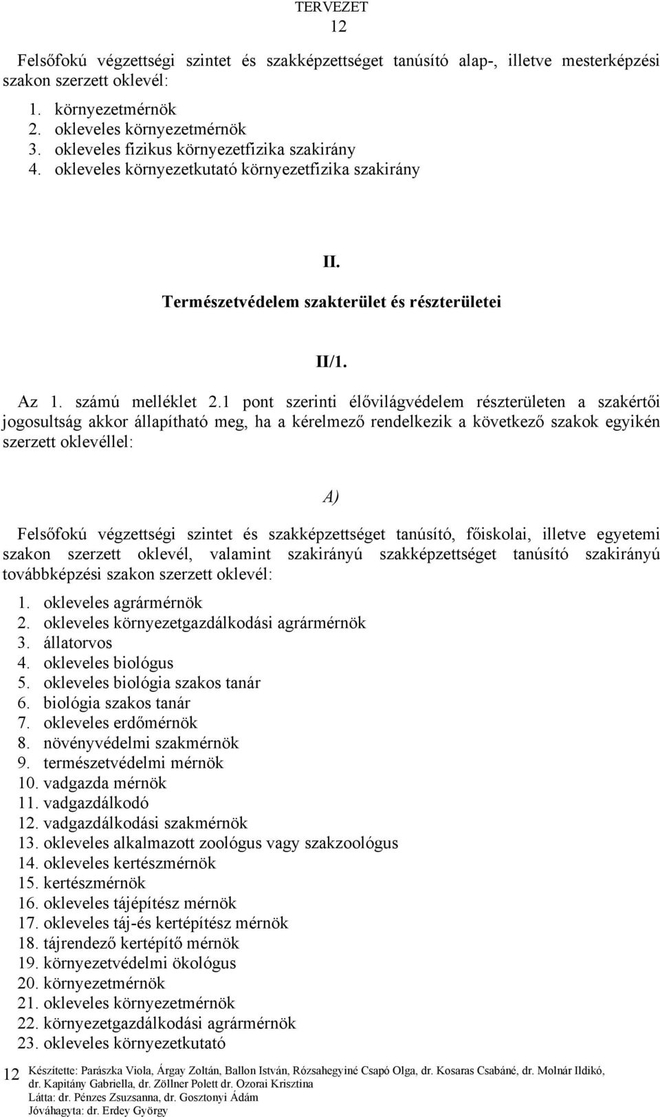 1 pont szerinti élővilágvédelem részterületen a szakértői jogosultság akkor állapítható meg, ha a kérelmező rendelkezik a következő szakok egyikén szerzett oklevéllel: 12 A) Felsőfokú végzettségi