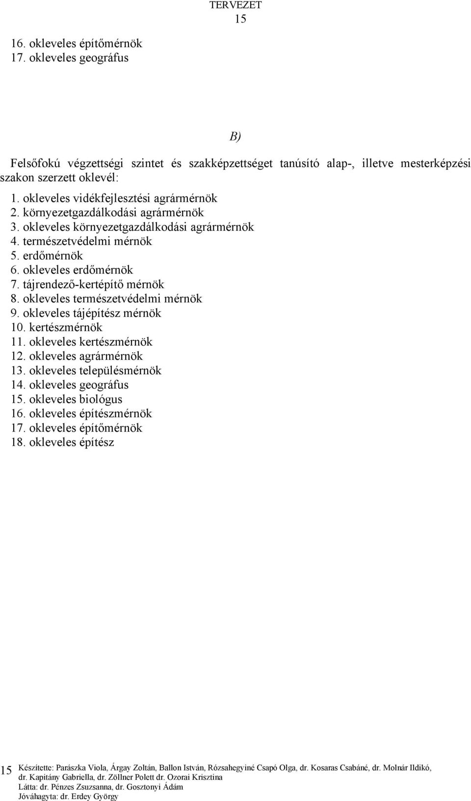 okleveles erdőmérnök 7. tájrendező-kertépítő mérnök 8. okleveles természetvédelmi mérnök 9. okleveles tájépítész mérnök 10. kertészmérnök 11. okleveles kertészmérnök 12.