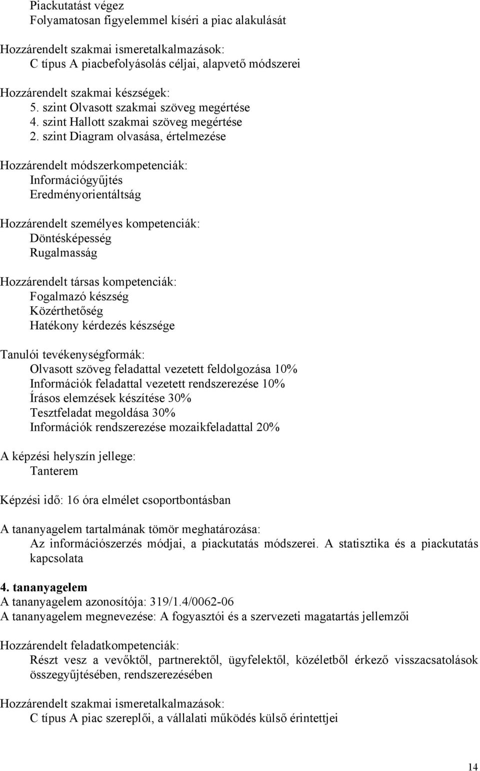 szint Diagram olvasása, értelmezése Hozzárendelt módszerkompetenciák: Információgyűjtés Eredményorientáltság Döntésképesség Rugalmasság Fogalmazó készség Közérthetőség Hatékony kérdezés készsége