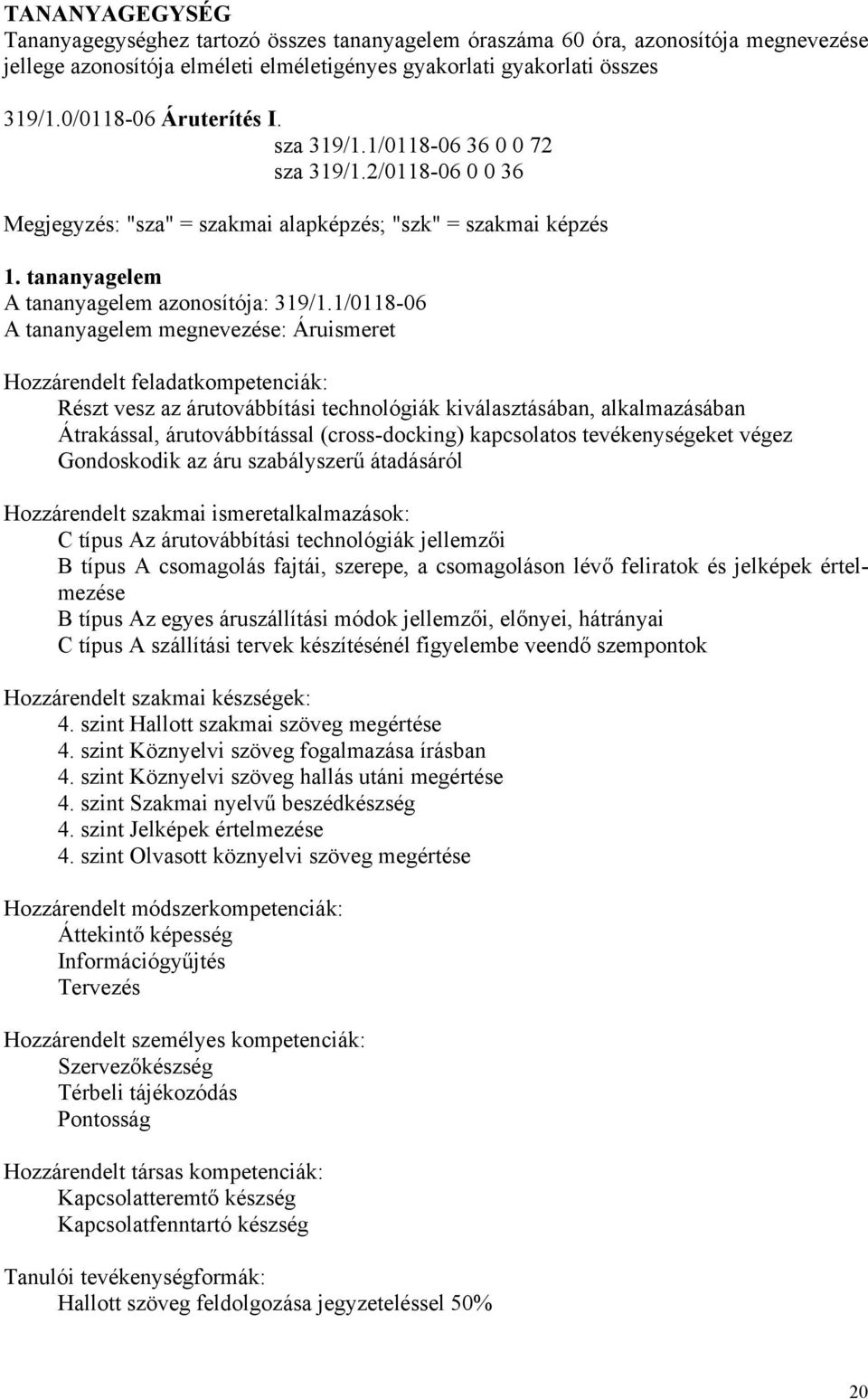 1/0118-06 A tananyagelem megnevezése: Áruismeret Részt vesz az árutovábbítási technológiák kiválasztásában, alkalmazásában Átrakással, árutovábbítással (cross-docking) kapcsolatos tevékenységeket