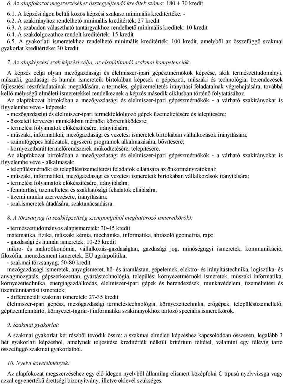 kredit 6.5. A gyakorlati ismeretekhez rendelhető minimális kreditérték: 100 kredit, amelyből az összefüggő szakmai gyakorlat kreditértéke: 30 kredit 7.