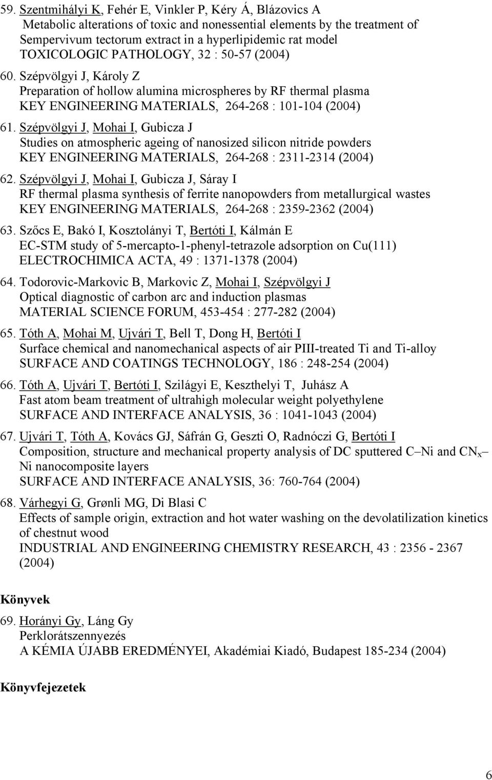Szépvölgyi J, Mohai I, Gubicza J Studies on atmospheric ageing of nanosized silicon nitride powders KEY ENGINEERING MATERIALS, 264-268 : 2311-2314 (2004) 62.