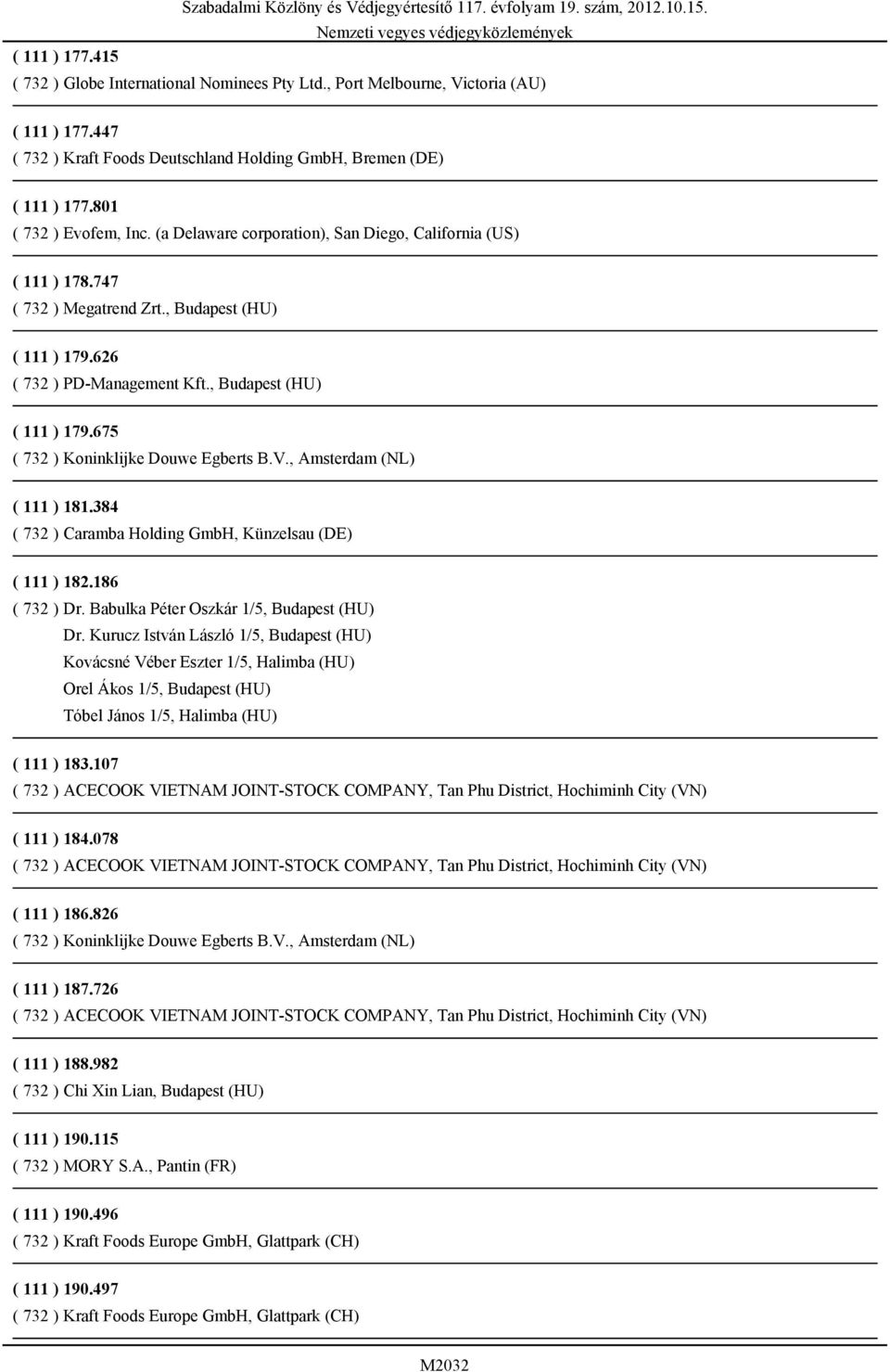 384 ( 732 ) Caramba Holding GmbH, Künzelsau (DE) ( 111 ) 182.186 ( 732 ) Dr. Babulka Péter Oszkár 1/5, Budapest (HU) Dr.