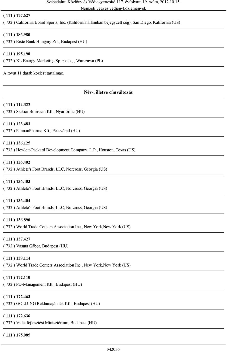 483 ( 732 ) PannonPharma Kft., Pécsvárad (HU) ( 111 ) 136.125 ( 732 ) Hewlett-Packard Development Company, L.P., Houston, Texas (US) ( 111 ) 136.