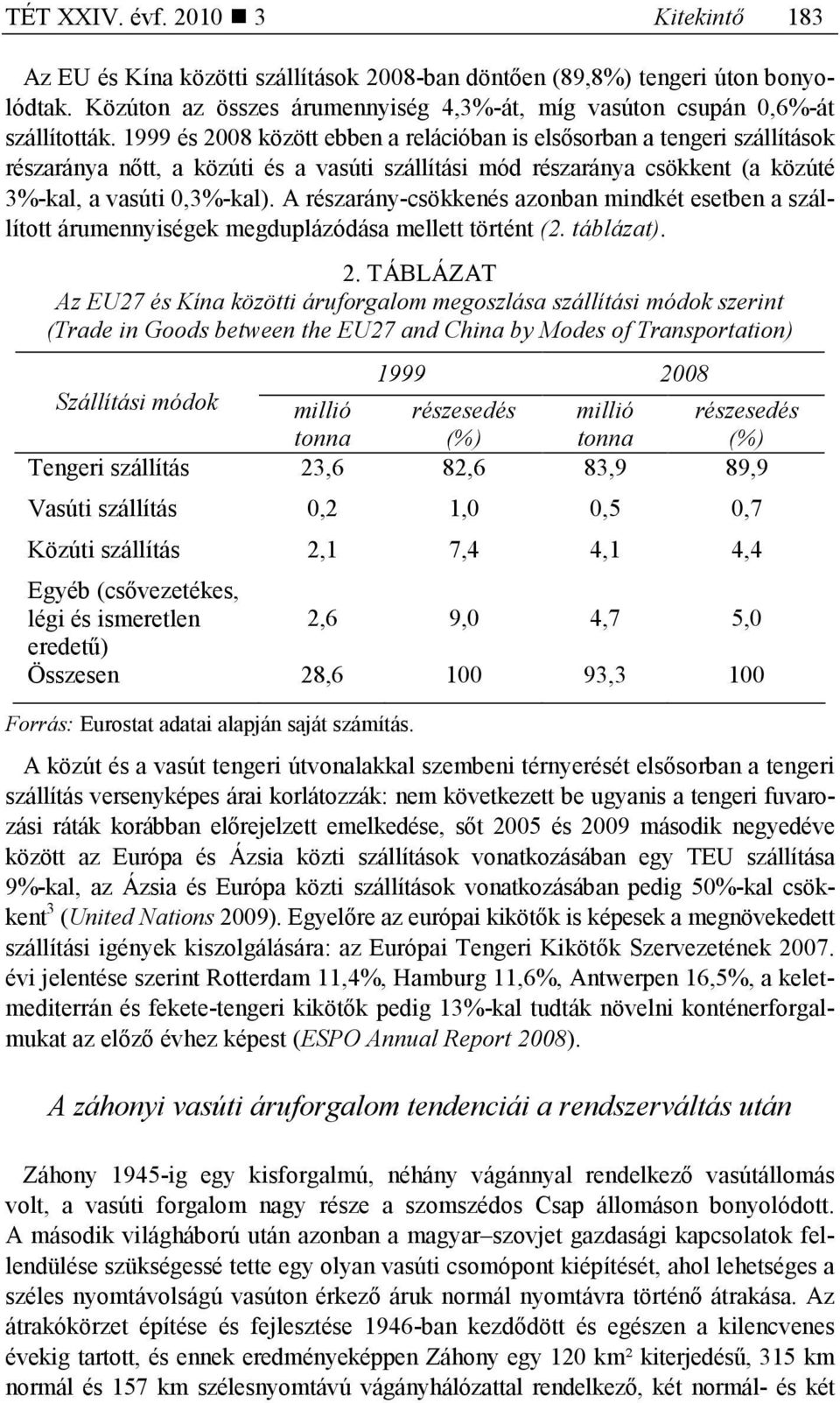 1999 és 2008 között ebben a relációban is elsısorban a tengeri szállítások részaránya nıtt, a közúti és a vasúti szállítási mód részaránya csökkent (a közúté 3%-kal, a vasúti 0,3%-kal).