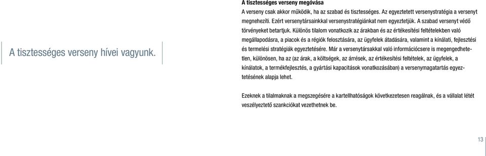 Különös tilalom vonatkozik az árakban és az értékesítési feltételekben való megállapodásra, a piacok és a régiók felosztására, az ügyfelek átadására, valamint a kínálati, fejlesztési és termelési