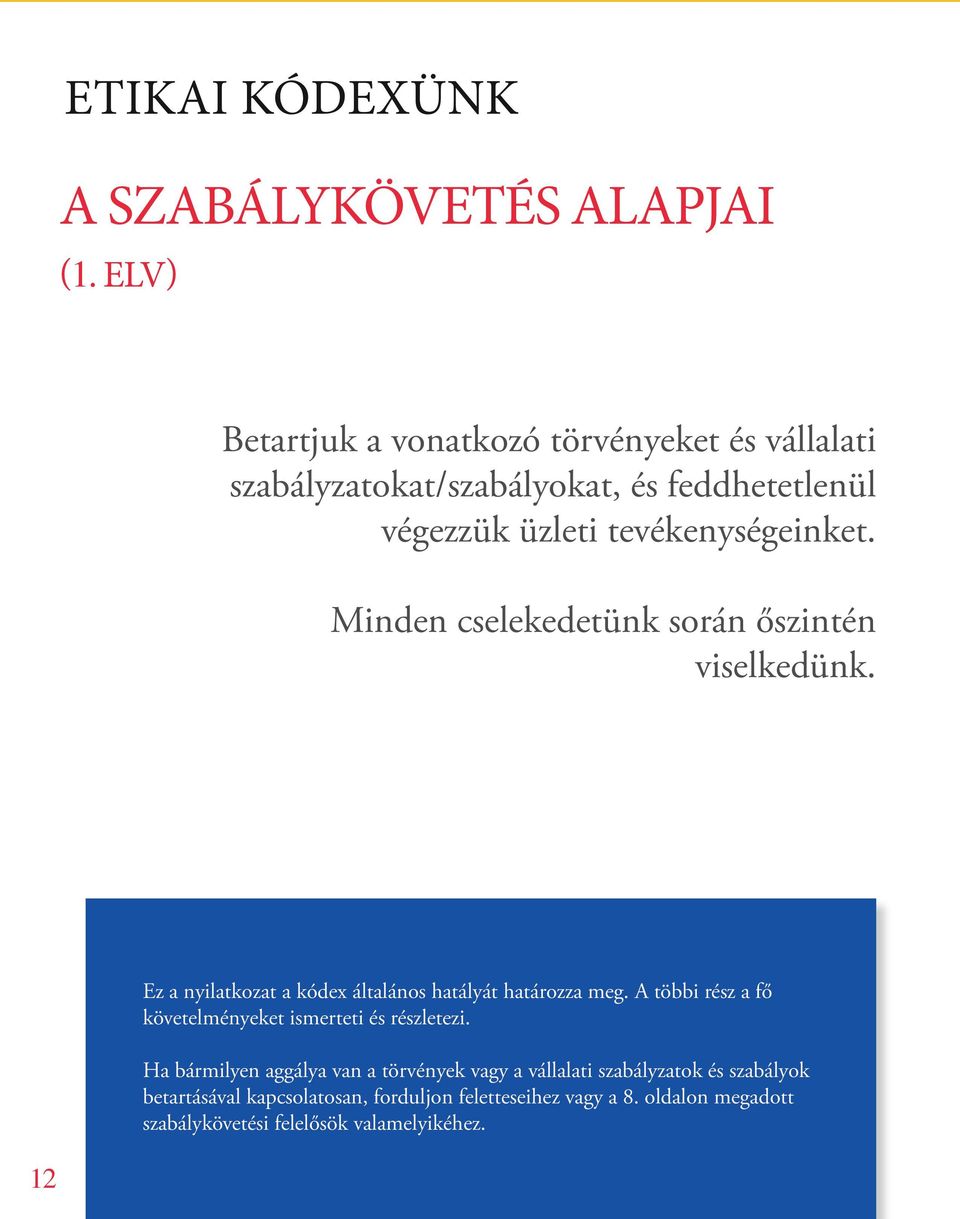 Minden cselekedetünk során őszintén viselkedünk. 12 Ez a nyilatkozat a kódex általános hatályát határozza meg.