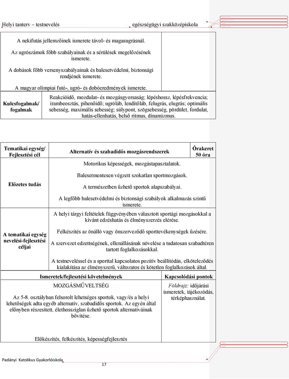 Kulcsfogalmak/ fogalmak Reakcióidő, mozdulat- és mozgásgyorsaság; lépéshossz, lépésfrekvencia; irambeosztás, pihenőidő; ugróláb, lendítőláb, felugrás, elugrás; optimális sebesség, maximális sebesség;