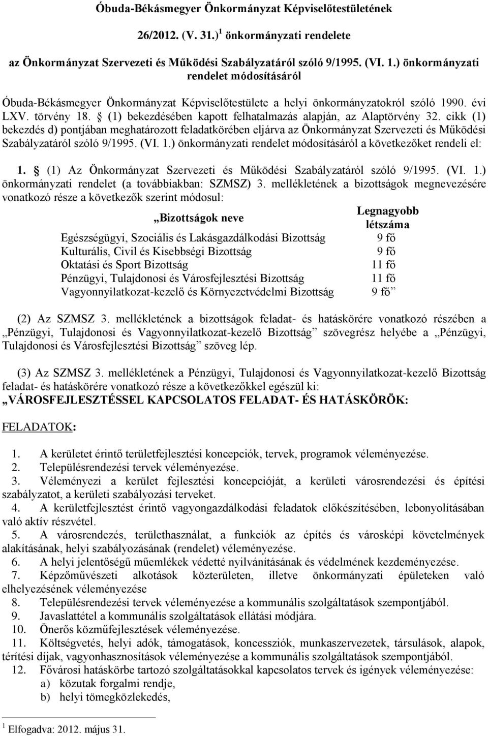 cikk (1) bekezdés d) pontjában meghatározott feladatkörében eljárva az Önkormányzat Szervezeti és Működési Szabályzatáról szóló 9/1995. (VI. 1.