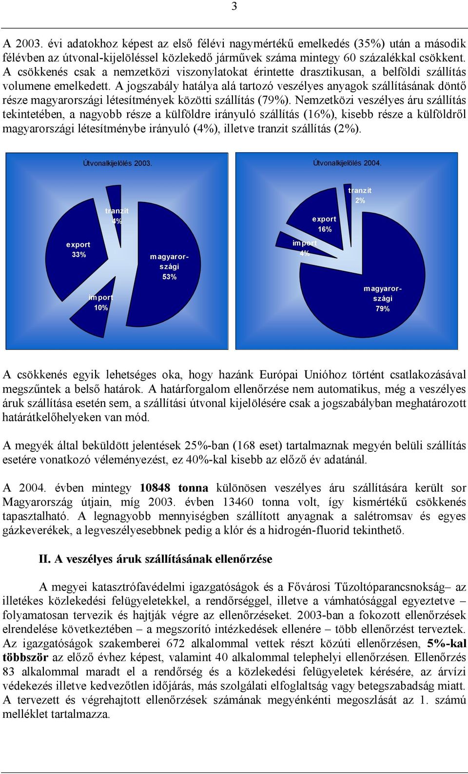 A jogszabály hatálya alá tartozó veszélyes anyagok szállításának döntő része magyarországi létesítmények közötti szállítás (79%).
