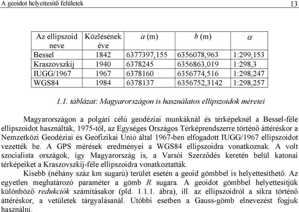 . táblázat: Magyarországo s haszálatos ellpszodok mérete Magyarországo a polgár célú geodéza mukákál és térképekél a Bessel-féle ellpszodot haszálták, 975-től, az Egységes Országos Térképredszerre