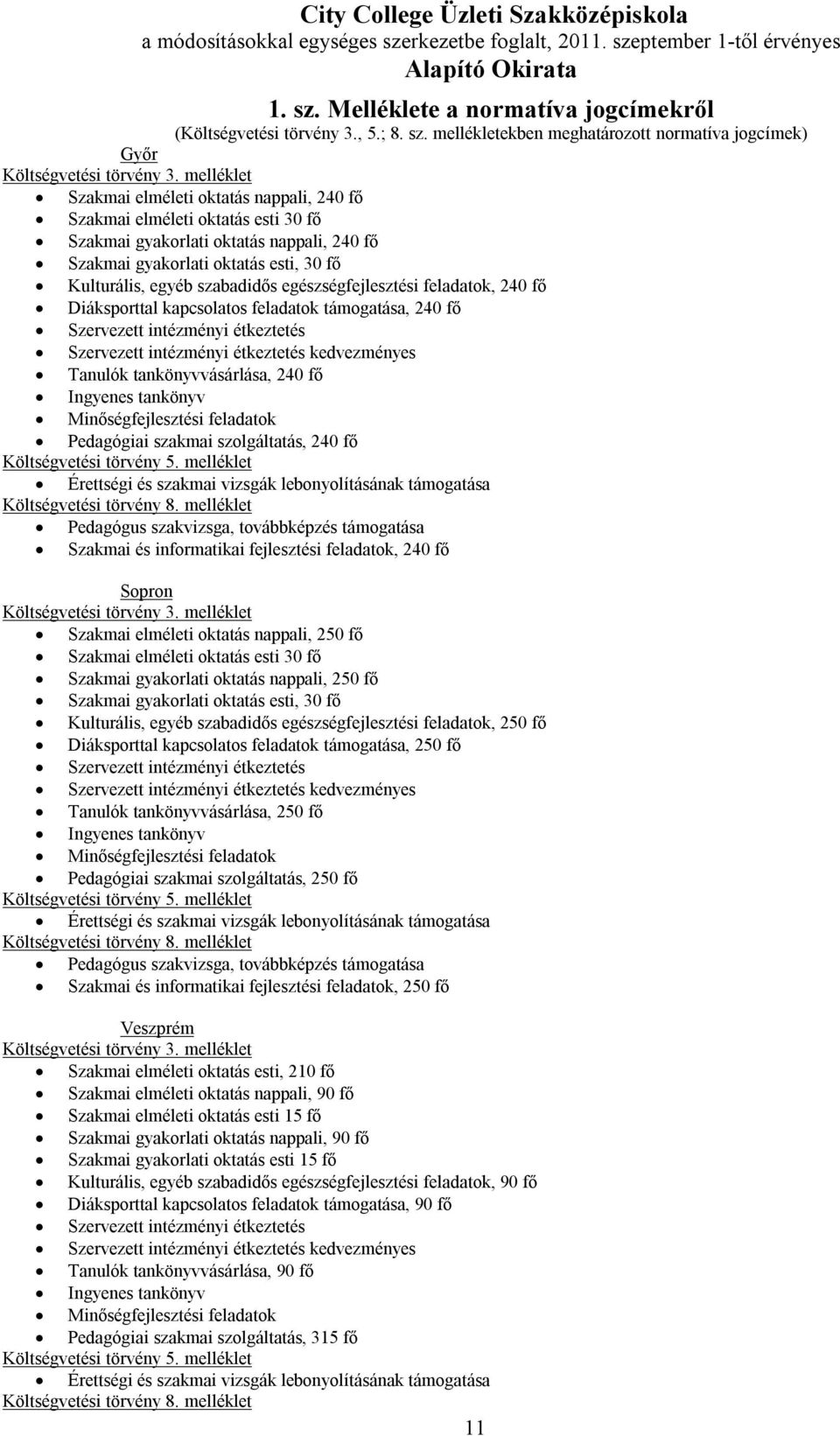 melléklet Szakmai elméleti oktatás nappali, 240 fő Szakmai elméleti oktatás esti 30 fő Szakmai gyakorlati oktatás nappali, 240 fő Szakmai gyakorlati oktatás esti, 30 fő Kulturális, egyéb szabadidős