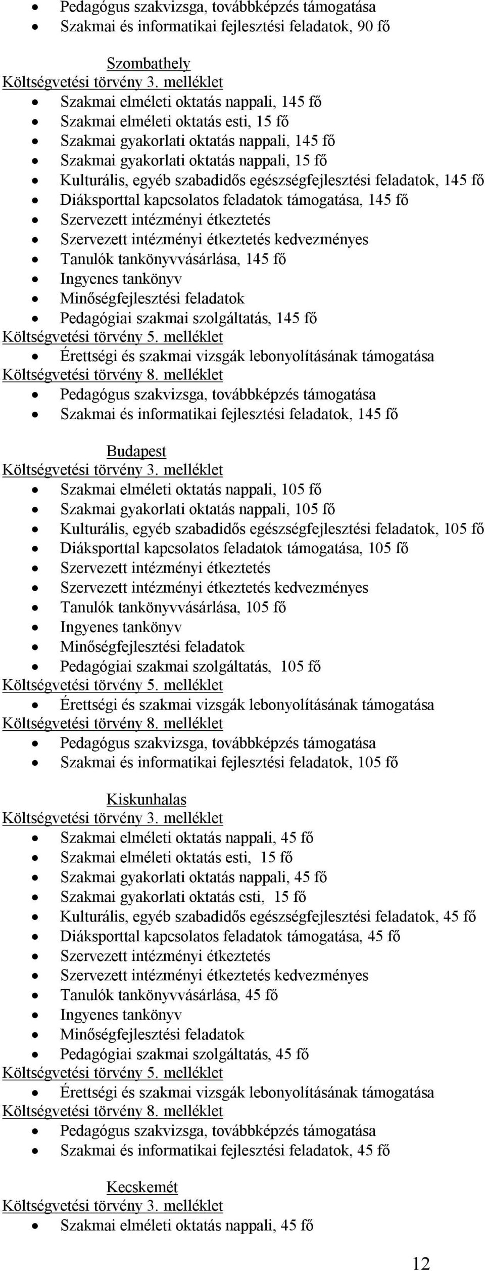 szabadidős egészségfejlesztési feladatok, 145 fő Diáksporttal kapcsolatos feladatok támogatása, 145 fő Szervezett intézményi étkeztetés Szervezett intézményi étkeztetés kedvezményes Tanulók