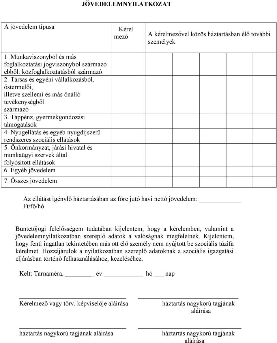 Nyugellátás és egyéb nyugdíjszerű rendszeres szociális ellátások 5. Önkormányzat, járási hivatal és munkaügyi szervek által folyósított ellátások 6. Egyéb jövedelem 7.