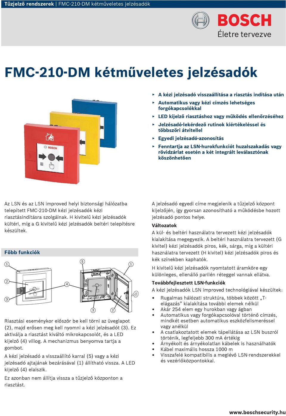 huzalszakadás vagy rövidzárlat esetén a két integrált leválasztónak köszönhetően Az LSN és az LSN improved helyi biztonsági hálózatba telepített FMC-210-DM kézi jelzésadók kézi riasztásindításra