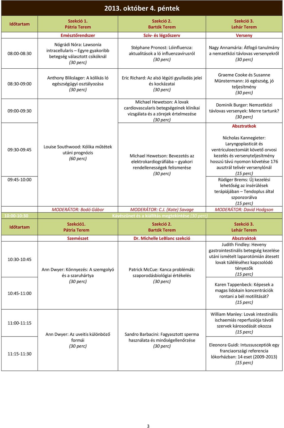 Nagy Annamária: Átfogó tanulmány a nemzetközi távlovas versenyekről 08:30-09:00 Anthony Blikslager: A kólikás ló egészségügyi osztályozása Eric Richard: Az alsó légúti gyulladás jelei és kockázatai