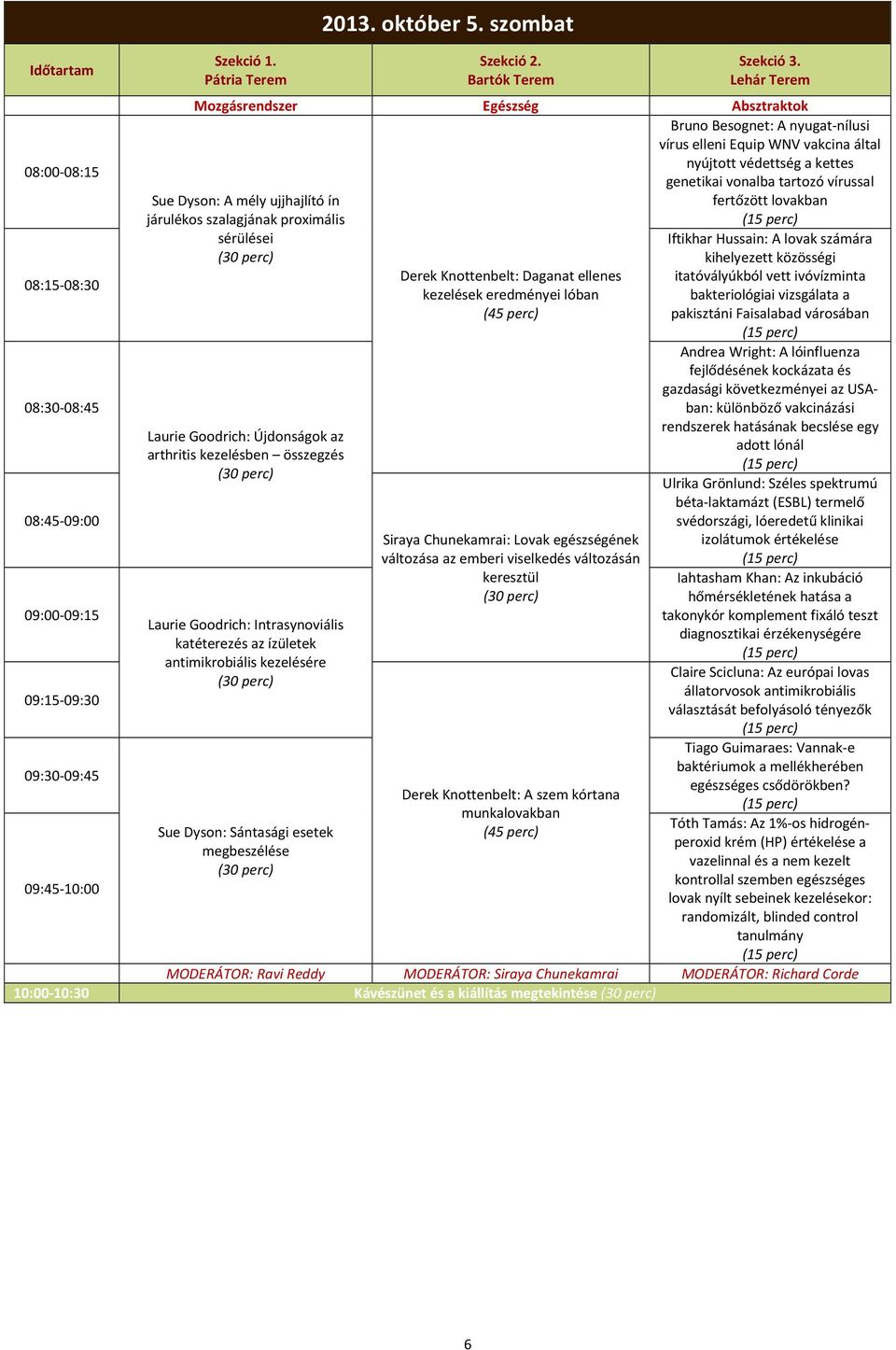 Intrasynoviális katéterezés az ízületek antimikrobiális kezelésére Sue Dyson: Sántasági esetek megbeszélése Derek Knottenbelt: Daganat ellenes kezelések eredményei lóban (45 perc) Siraya Chunekamrai: