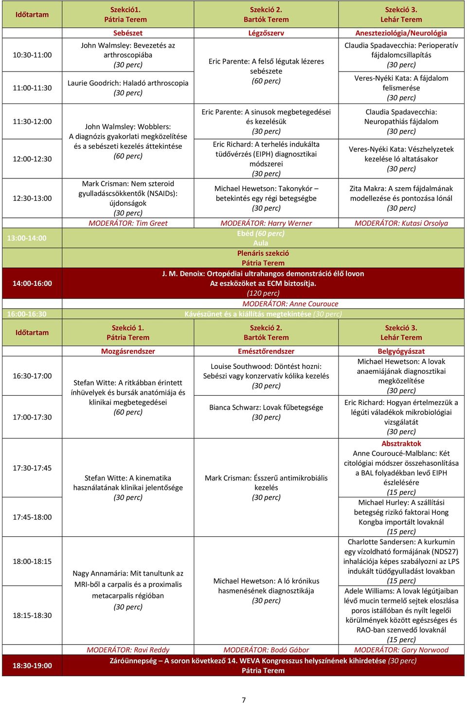 sebészete Eric Parente: A sinusok megbetegedései és kezelésük Eric Richard: A terhelés indukálta tüdővérzés (EIPH) diagnosztikai módszerei Michael Hewetson: Takonykór betekintés egy régi betegségbe