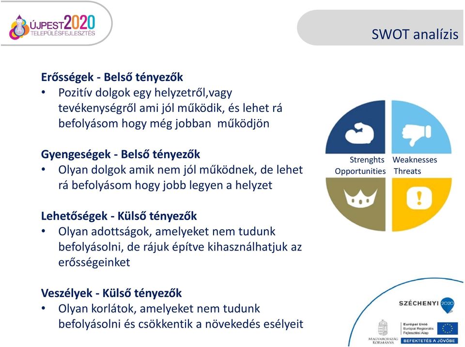 Lehetőségek Külső tényezők Olyan adottságok, amelyeket nem tudunk befolyásolni, de rájuk építve kihasználhatjuk az erősségeinket