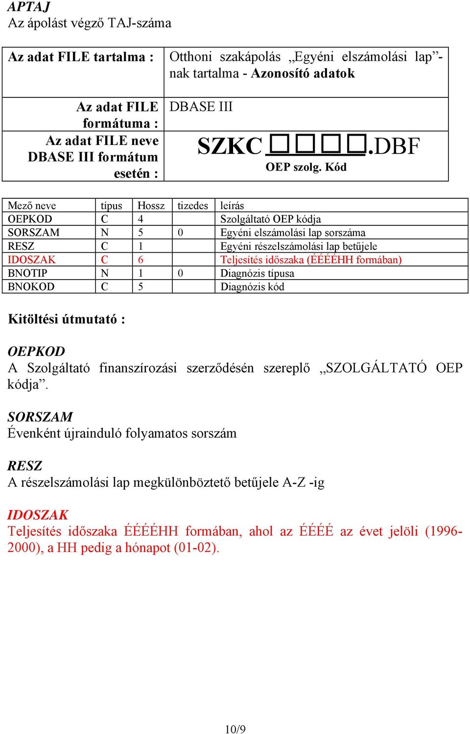 DBF Mező neve típus Hossz tizedes leírás OEPKOD C 4 Szolgáltató OEP kódja SORSZAM N 5 0 Egyéni elszámolási lap sorszáma RESZ C 1 Egyéni részelszámolási lap betűjele IDOSZAK C 6 Teljesítés időszaka