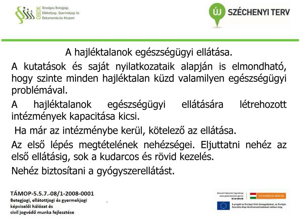 egészségügyi problémával. A hajléktalanok egészségügyi ellátására létrehozott intézmények kapacitása kicsi.