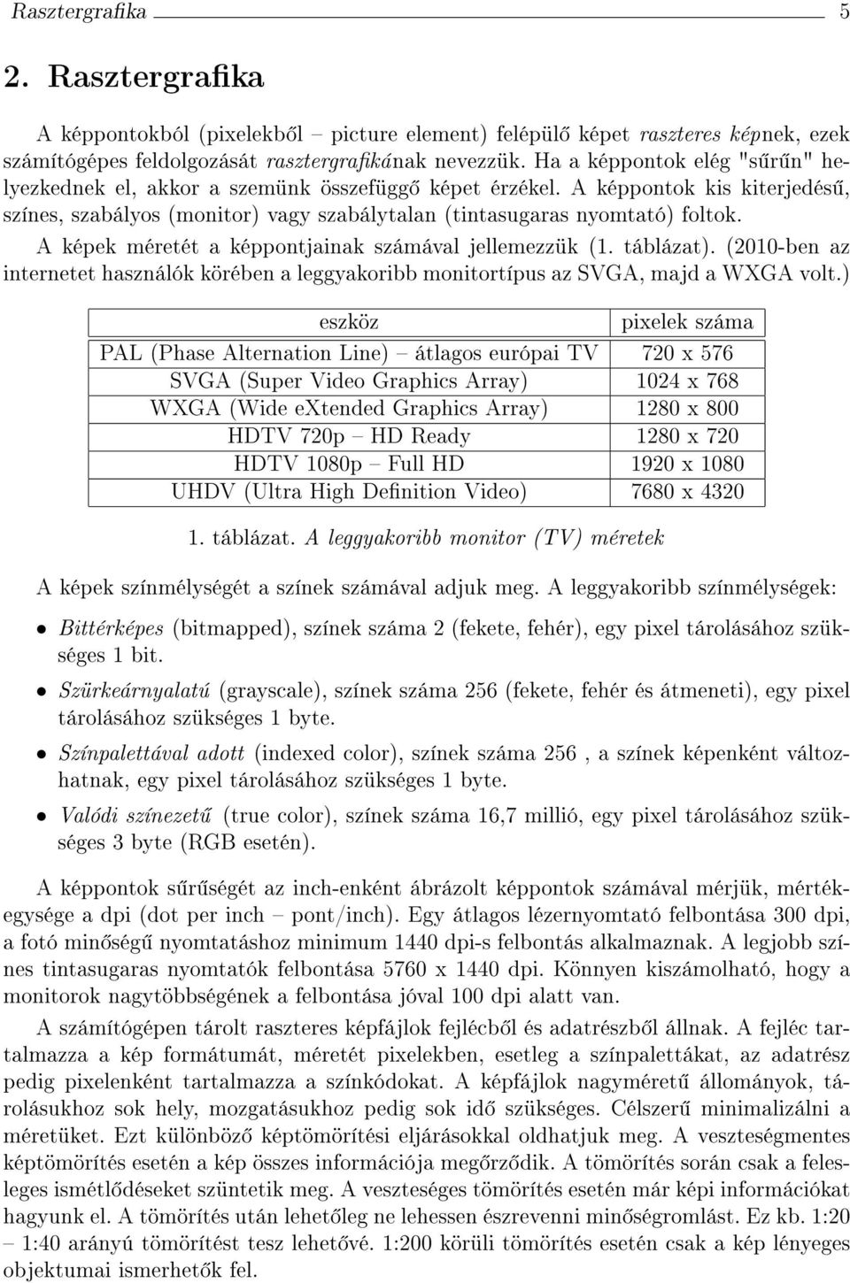 A képek méretét a képpontjainak számával jellemezzük (1. táblázat). (2010-ben az internetet használók körében a leggyakoribb monitortípus az SVGA, majd a WXGA volt.