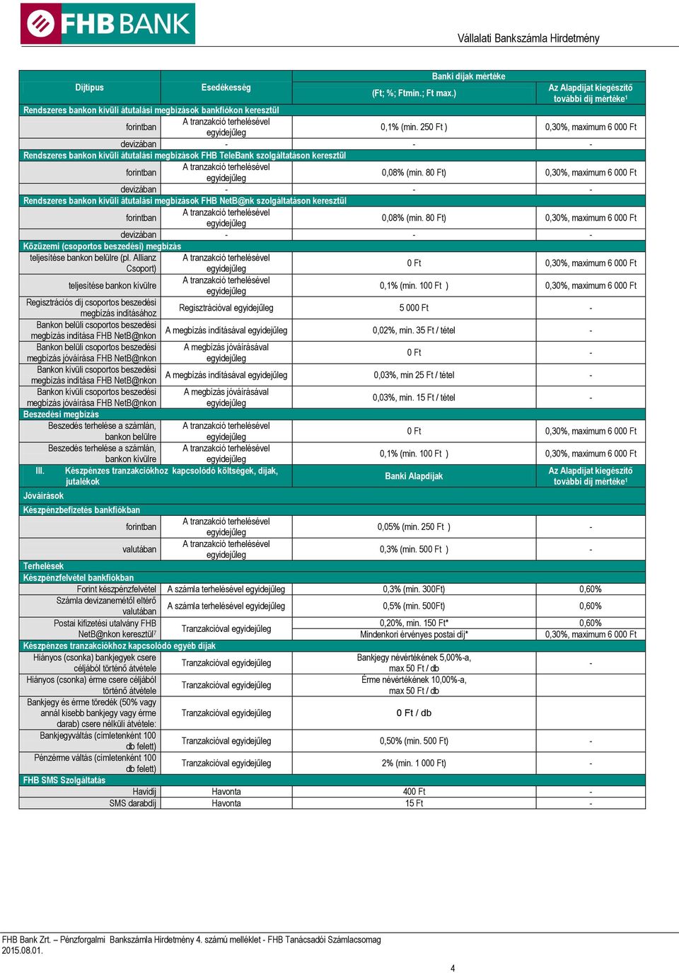 80 Ft) 0,30%, maximum 6 000 Ft devizában Rendszeres bankon kívüli átutalási megbízások FHB NetB@nk szolgáltatáson keresztül 0,08% (min.