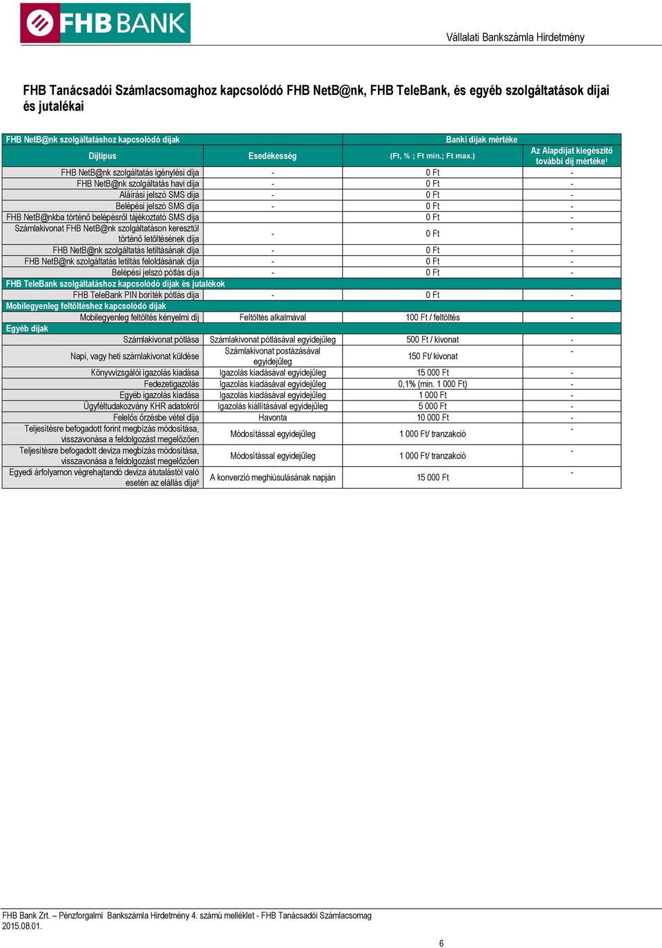 ) FHB NetB@nk szolgáltatás igénylési díja 0 Ft FHB NetB@nk szolgáltatás havi díja 0 Ft Aláírási jelszó SMS díja 0 Ft Belépési jelszó SMS díja 0 Ft FHB NetB@nkba történő belépésről tájékoztató SMS