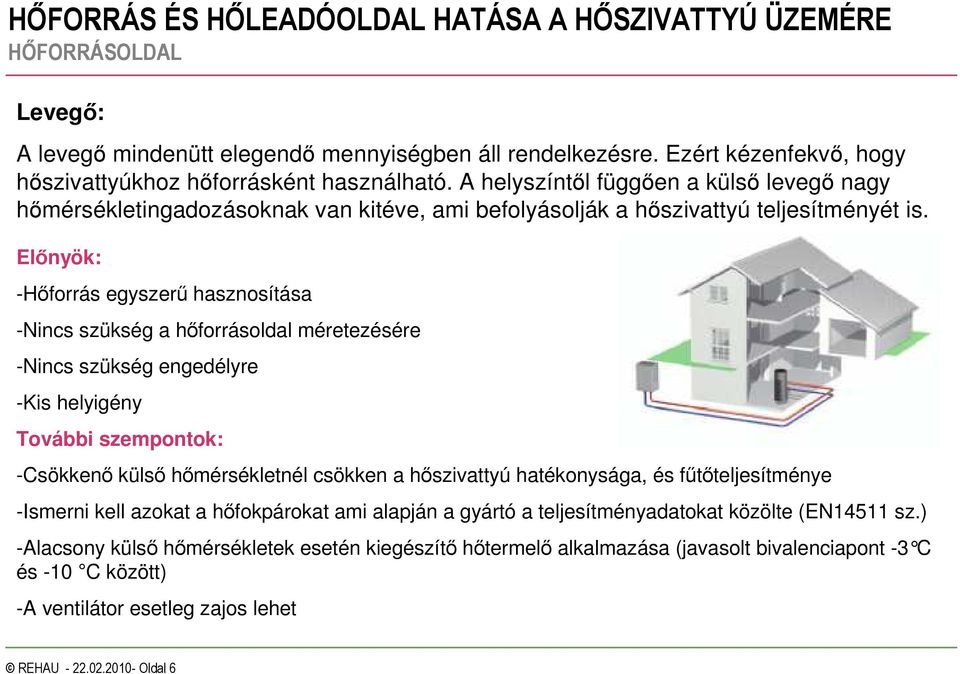 Elınyök: -Hıforrás egyszerő hasznosítása -Nincs szükség a hıforrásoldal méretezésére -Nincs szükség engedélyre -Kis helyigény További szempontok: -Csökkenı külsı hımérsékletnél csökken a