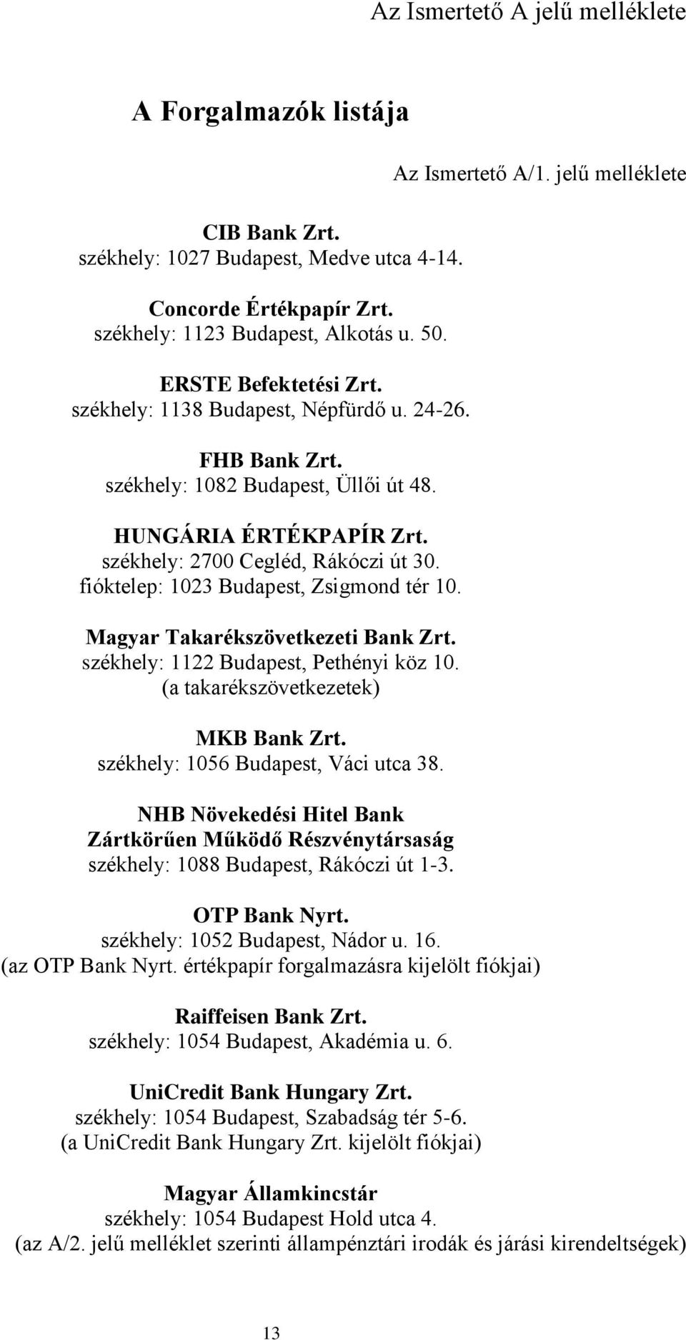 fióktelep: 1023 Budapest, Zsigmond tér 10. Magyar Takarékszövetkezeti Bank Zrt. székhely: 1122 Budapest, Pethényi köz 10. (a takarékszövetkezetek) MKB Bank Zrt. székhely: 1056 Budapest, Váci utca 38.