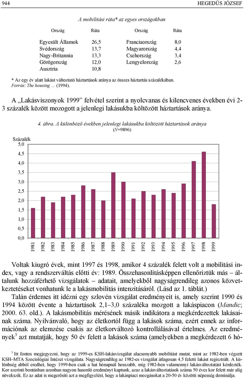 A Lakásviszonyok 1999 felvétel szerint a nyolcvanas és kilencvenes években évi 2-3 százalék között mozogott a jelenlegi lakásukba költözött háztartások aránya. 4. ábra.