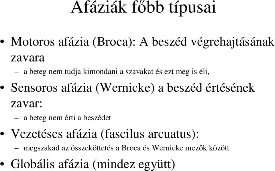 értésének zavar: a beteg nem érti a beszédet Vezetéses afázia (fascilus arcuatus):