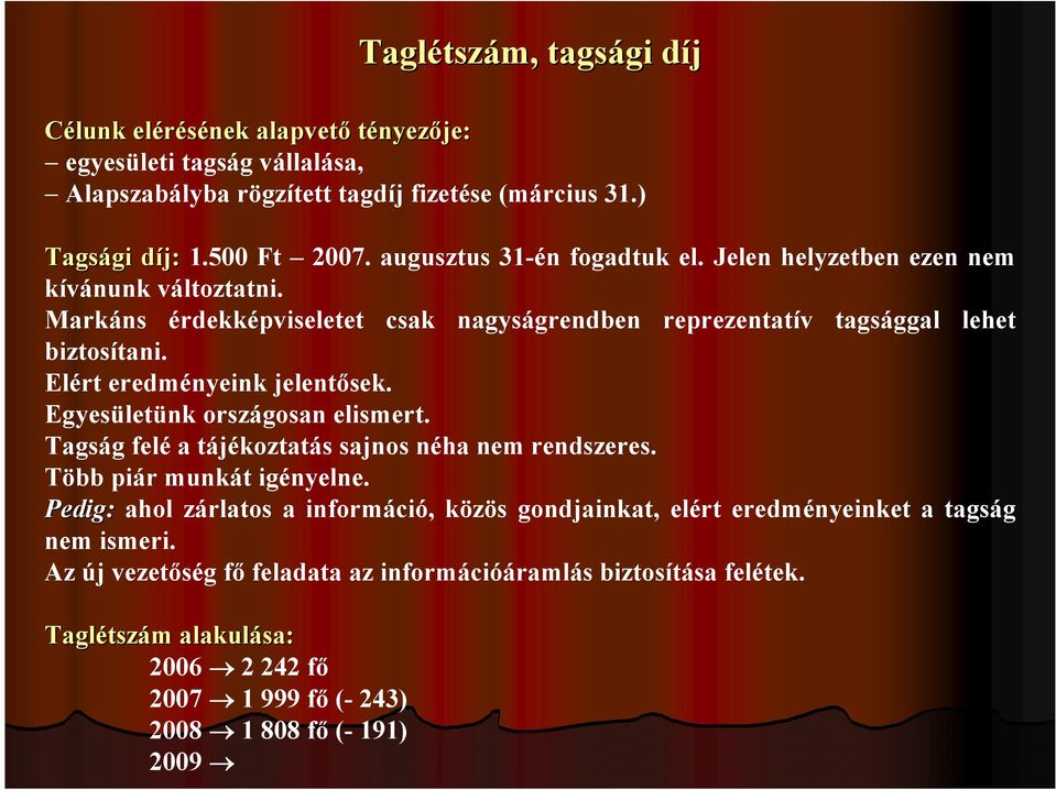 Elért eredményeink jelentősek. Egyesületünk országosan elismert. Tagság felé a tájékoztatás sajnos néha nem rendszeres. Több piár munkát igényelne.