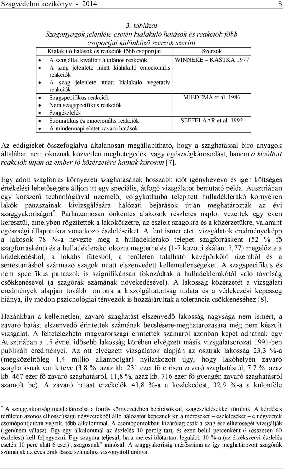 reakciók WINNEKE KASTKA 1977 A szag jelenléte miatt kialakuló emocionális reakciók A szag jelenléte miatt kialakuló vegetatív reakciók Szagspecifikus reakciók MIEDEMA et al.