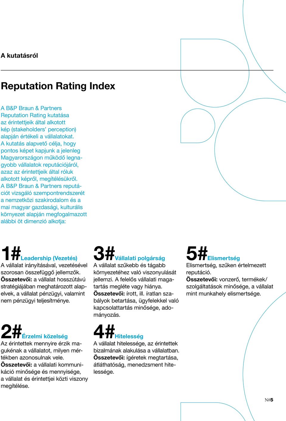 A B&P Braun & Partners reputációt vizsgáló szempontrendszerét a nemzetközi szakirodalom és a mai magyar gazdasági, kulturális környezet alapján megfogalmazott alábbi öt dimenzió alkotja: 1#Leadership