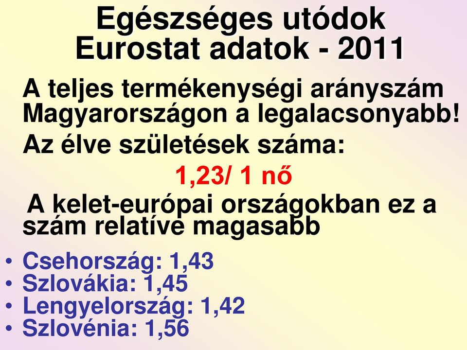 Az élve születések száma: 1,23/ 1 nő A kelet-európai országokban