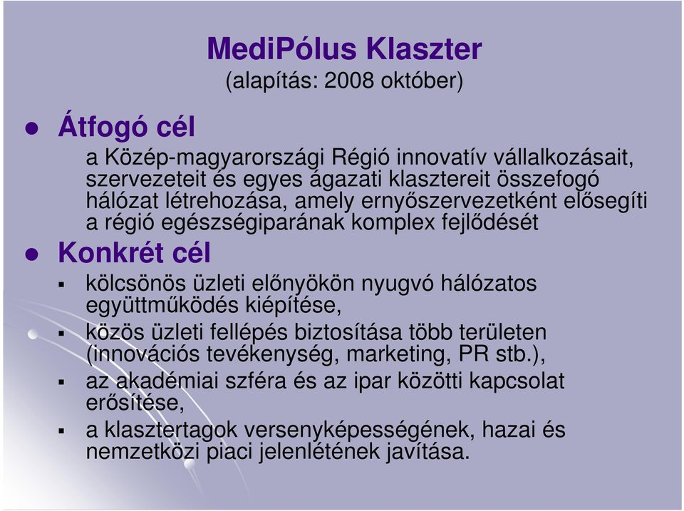 üzleti elınyökön nyugvó hálózatos együttmőködés kiépítése, közös üzleti fellépés biztosítása több területen (innovációs tevékenység, marketing,