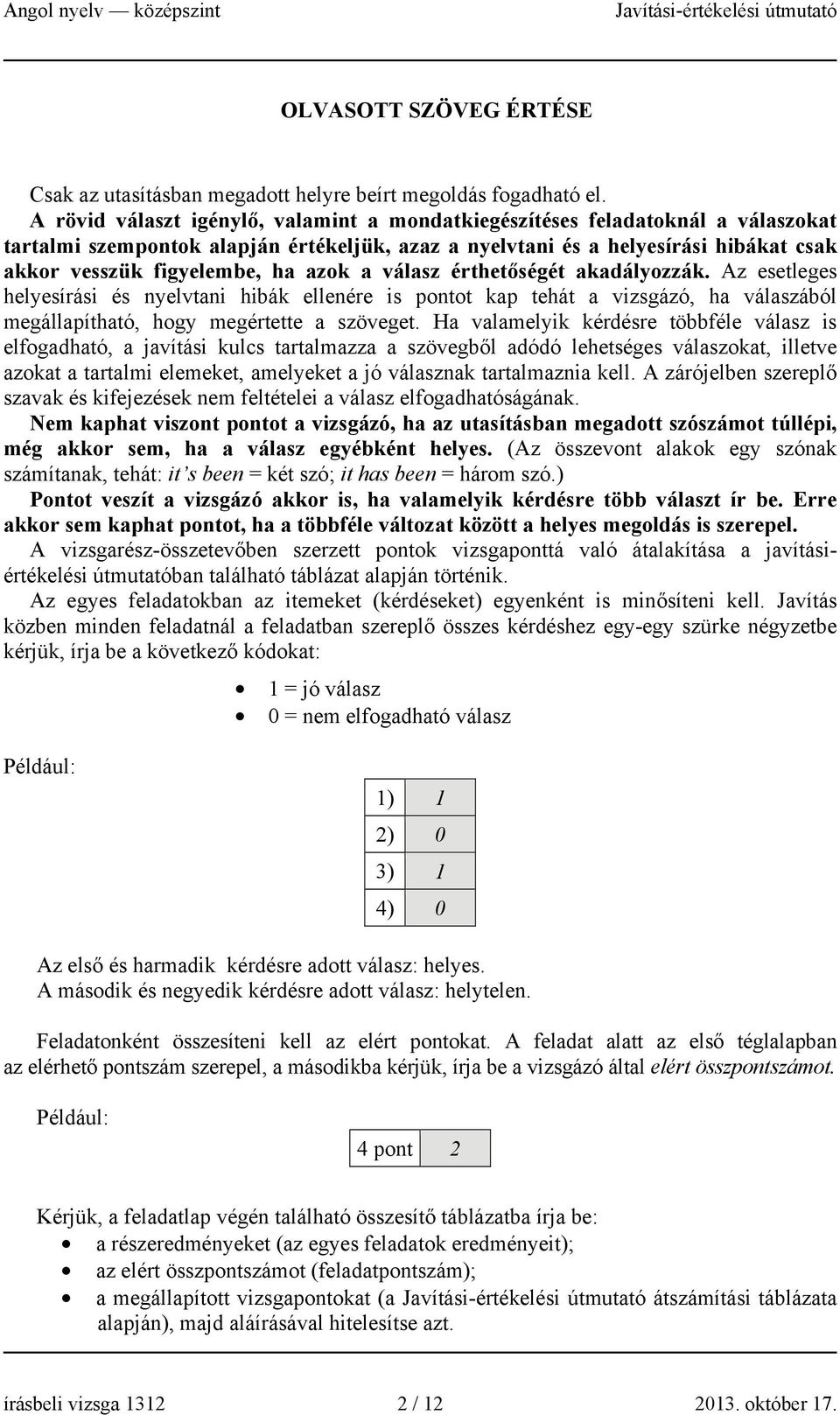 azok a válasz érthetőségét akadályozzák. Az esetleges helyesírási és nyelvtani hibák ellenére is pontot kap tehát a vizsgázó, ha válaszából megállapítható, hogy megértette a szöveget.