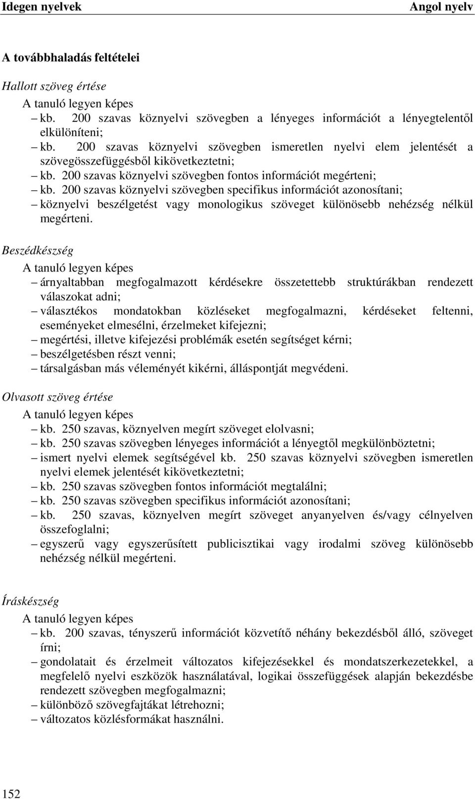 200 szavas köznyelvi szövegben specifikus információt azonosítani; köznyelvi beszélgetést vagy monologikus szöveget különösebb nehézség nélkül megérteni.