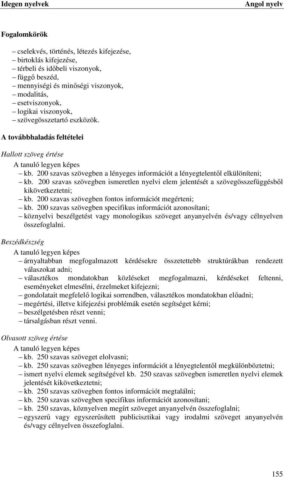 200 szavas szövegben ismeretlen nyelvi elem jelentését a szövegösszefüggésből kikövetkeztetni; kb. 200 szavas szövegben fontos információt megérteni; kb.